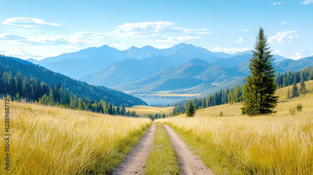 Naklejka premium Mountain valley road, summer landscape, scenic route