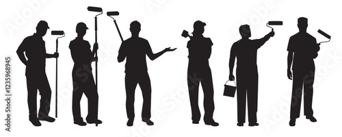 painter silhouette. House painter on isolated white background.	