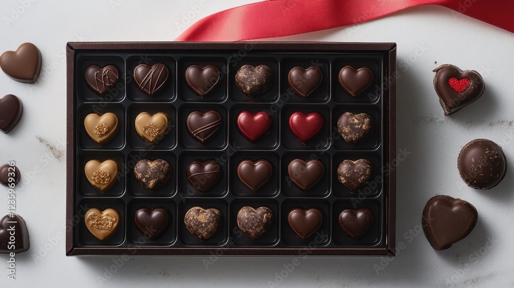 A top view of an elegant Valentine chocolate box, opened to show a selection of heart-shaped truffles and dark chocolate, with a red ribbon on top. A top view of an elegant Valentine chocolate box, opened to show a selection of heart-shaped truffles and dark chocolate, with a red ribbon on top.