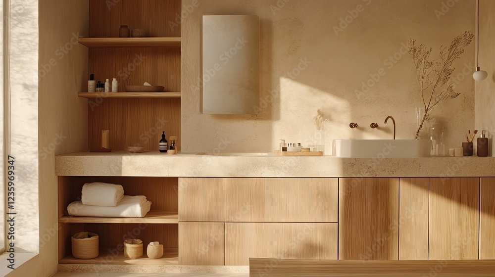A peaceful Japandi bathroom with wooden elements, stone textures, and minimalist decor. A peaceful Japandi bathroom with wooden elements, stone textures, and minimalist decor.