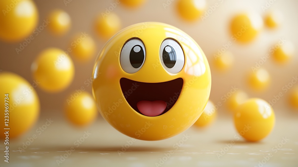 Fototapeta premium Happy emoticon floating in the air. Background of floating circles. Potential use Digital communication