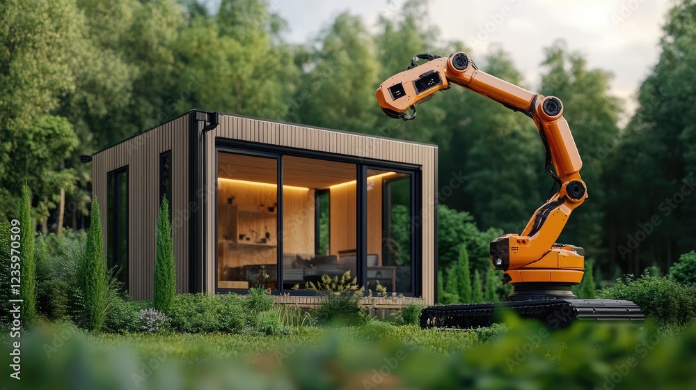 A robotic arm assembling a modular, sustainable housing unit. A robotic arm assembling a modular, sustainable housing unit.