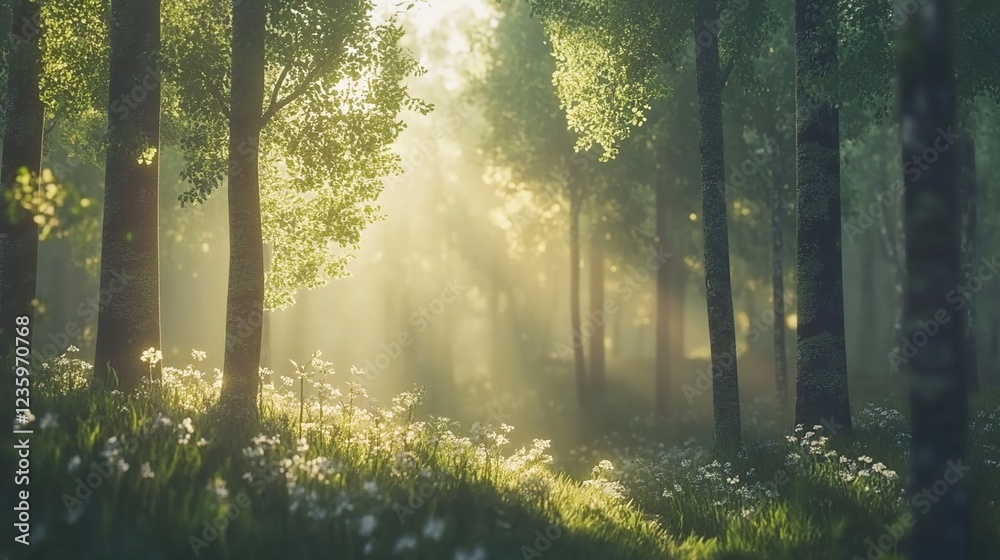 Obraz premium Tranquil forest bathed in soft sunlight, earthy tones blending harmoniously, evoking peace and natural serenity.