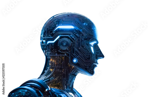 Close-up of the head of a robot with artificial intelligence. Isolation on a transparent background.
