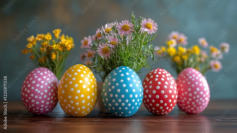 Vibrant Polka Dot Easter Eggs Arranged with Fresh Blooming Flowers in Soft Natural Lighting Vibrant Polka Dot Easter Eggs Arranged with Fresh Blooming Flowers in Soft Natural Lighting