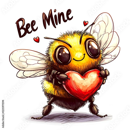 A quirky cartoon Valentine’s Day design featuring a happy bee holding a heart