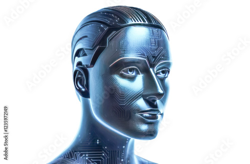 Close-up of the head of a robot with artificial intelligence. Isolation on a transparent background.
