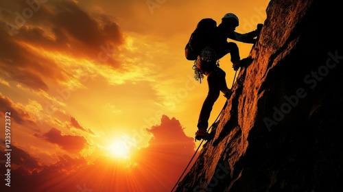 Silhouette of a male climber scaling a rock face at sunset.