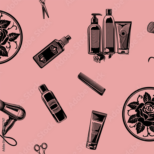 a seamless vector pattern featuring hair care elements such as comb,scissors,hairdryer, and hair care kits