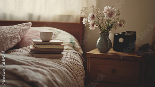 This cozy bedroom scene with a neatly made bed soft bedding and calming decor offers a peaceful retreat. AI generative photo
