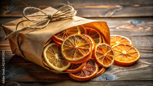 A rustic brown paper bag overflowing with sun-dried citrus slices, revealing a symphony of warm hues and a sweet, fragrant aroma.