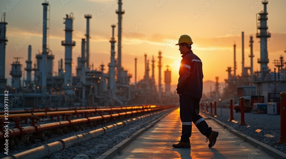 Fototapeta premium Engineering Excellence: A Day in the Life of an Industry Worker. Sunset Over the Refinery: Capturing Industrial Strength. Safety First: The Essential Gear for Industry Professionals.