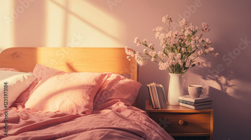 This cozy bedroom features a neatly made bed, soft bedding, and peaceful decor, creating a perfect environment for rest and relaxation.  AI generative photo