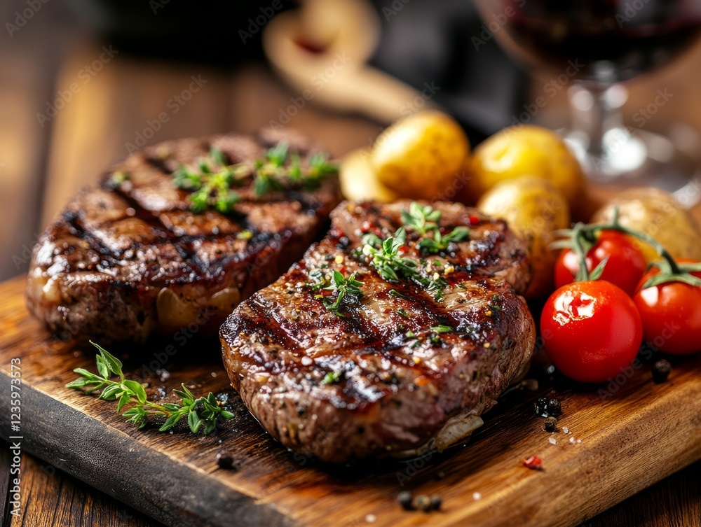 Grilled steaks with roasted potatoes and cherry tomatoes on wooden board. Grilled steaks with roasted potatoes and cherry tomatoes on wooden board.