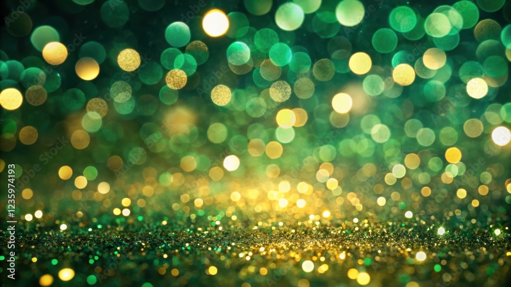 Abstract green and gold bokeh background with sparkling glitter