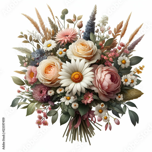 Elegant Vintage Floral Bouquet with Soft Pastel Roses, Daisies, and Wildflowers – Perfect for Weddings, Invitations, and Romantic Decor