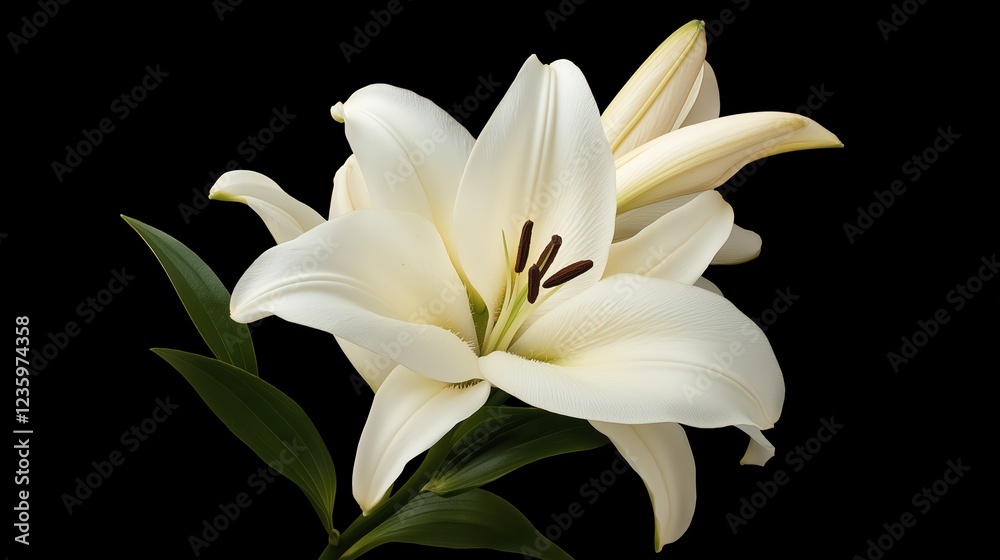 Obraz premium Elegant White Lilies With Dew Drops Against Black Background