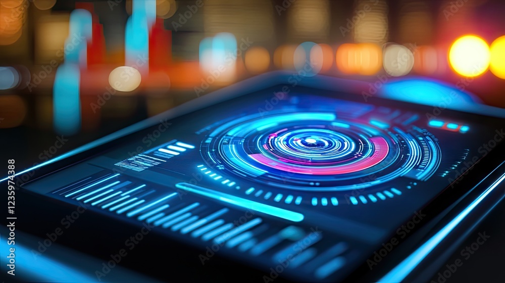 Obraz premium A tablet displaying a futuristic banking app for cryptocurrency transactions.