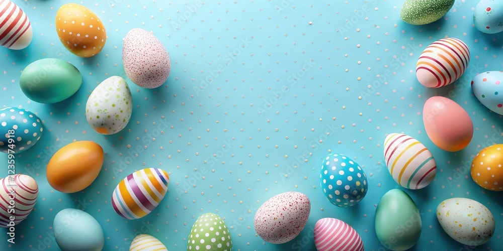 Fototapeta premium Colorful Easter Eggs Decorated with Polka Dots, Stripes, and Speckles on a Pastel Blue Background with Subtle Glitter