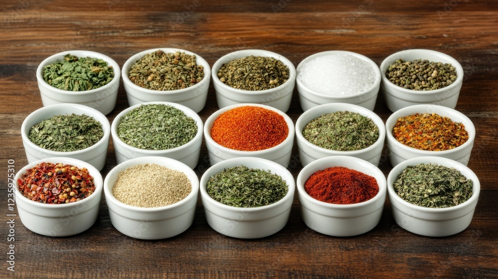 A variety of dried herbs and spices as salt alternatives arranged on a rustic table. A variety of dried herbs and spices as salt alternatives arranged on a rustic table.