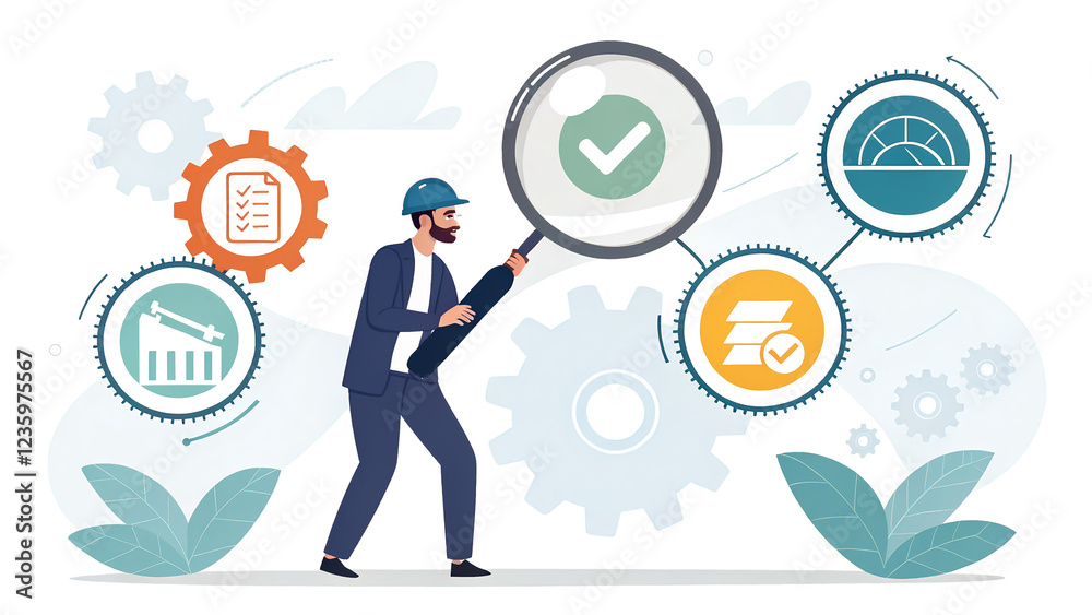 Businessman with Magnifying Glass and Gears in Abstract Style Businessman with Magnifying Glass and Gears in Abstract Style