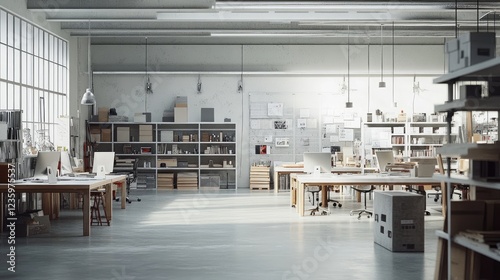 A warehouse converted into a modular office space with open, flexible layouts.