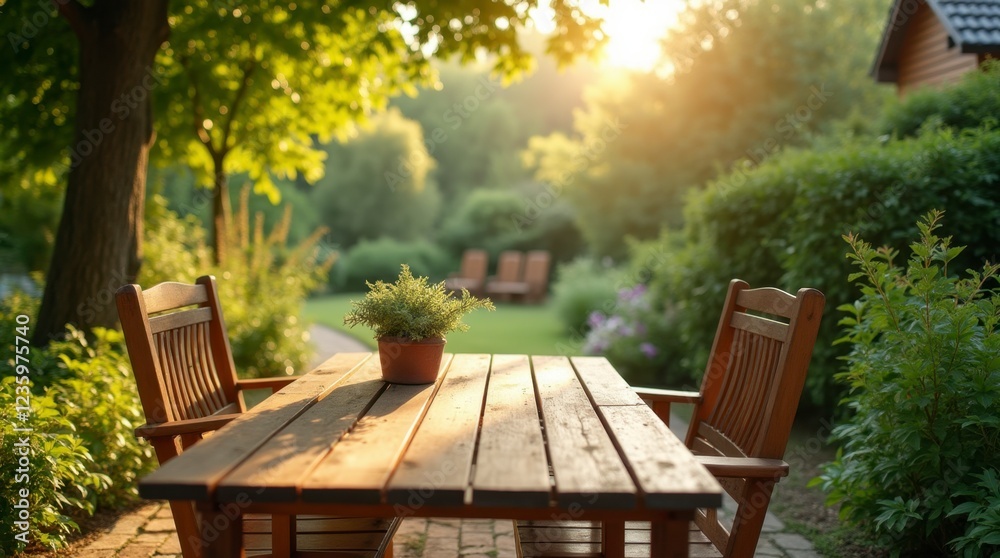 Naklejka premium Relaxation Awaits: Dining in a Lush Garden Oasis. Embrace Nature: Cozy Outdoor Furniture for Tranquility. Golden Hour in the Garden: Perfect Moments to Enjoy.