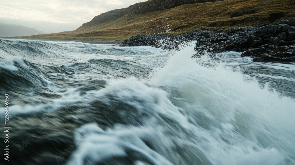 Fototapeta premium Powerful waves crash against a rocky shore, creating a dramatic seascape.