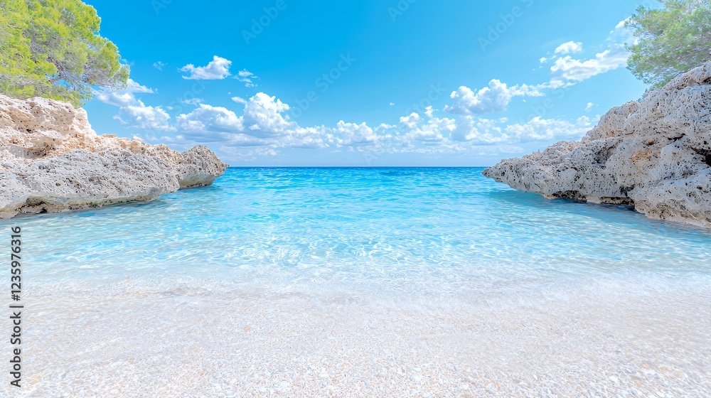 Fototapeta premium Secluded cove, turquoise water, white sand beach, sunny sky, summer vacation