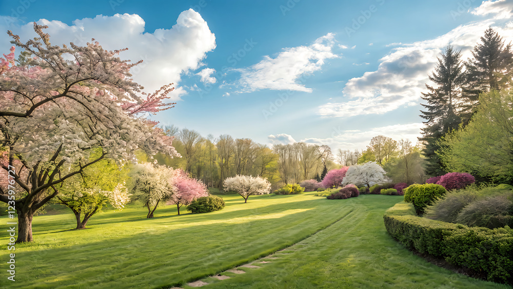 Fototapeta premium Serene Landscape with Blooming Trees Under a Clear Blue Sky