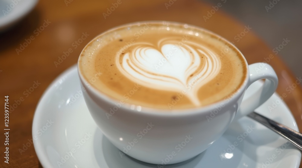 a white cup of latte with a heart-shaped foam art design on top. The cup is seated on a matching saucer, with a spoon placed beside it, all set against a warm wooden table background. a white cup of latte with a heart-shaped foam art design on top. The cup is seated on a matching saucer, with a spoon placed beside it, all set against a warm wooden table background.
