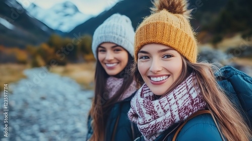 two women best friend smiling standing together at rural countryside of Europe with mountain and coniferous forest backgroud, wearing wintter attire 