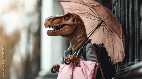 A whimsical portrayal of a T-Rex carrying a pink umbrella and handbag, standing in a casual urban environment, merging fantasy with everyday life humorously.