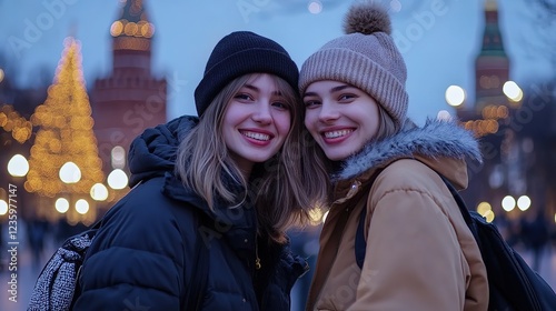 two women best friend smiling standing together at urban city street in Russia wearing wintter attire 
