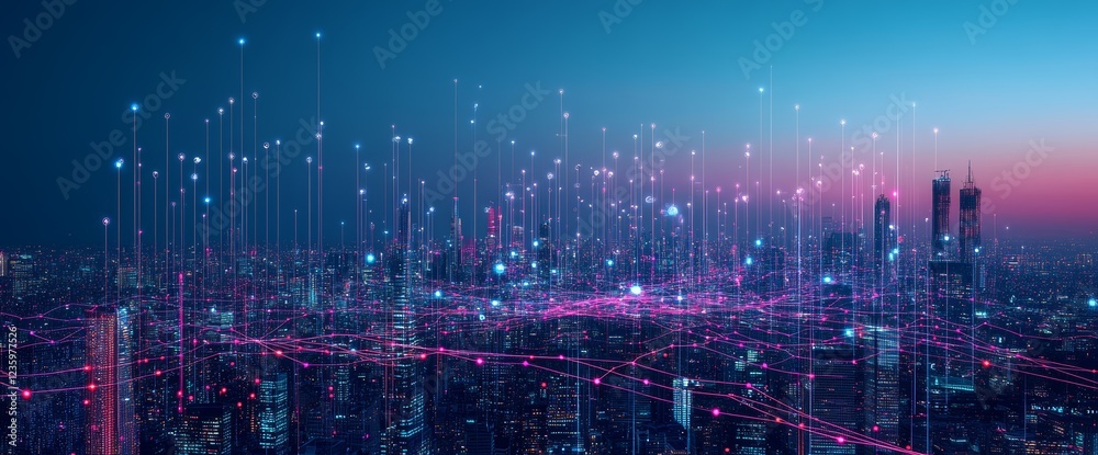 Obraz premium Futuristic cityscape with digital network connections.