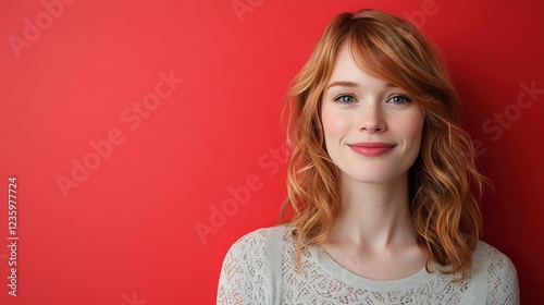 pretty Caucasian woman smiling with red background, portrait with relax and happy optimistic