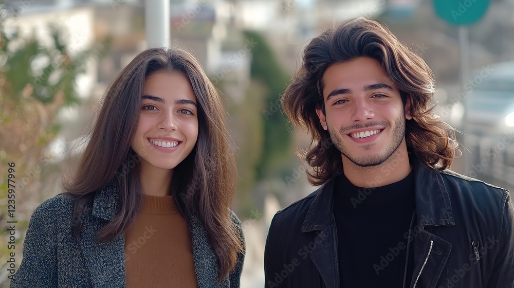 Obraz premium man and woman young love couple happy together at beautiful city street