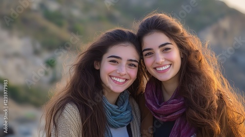 two best friend women smiling at top of mountain with green nature landscpae background