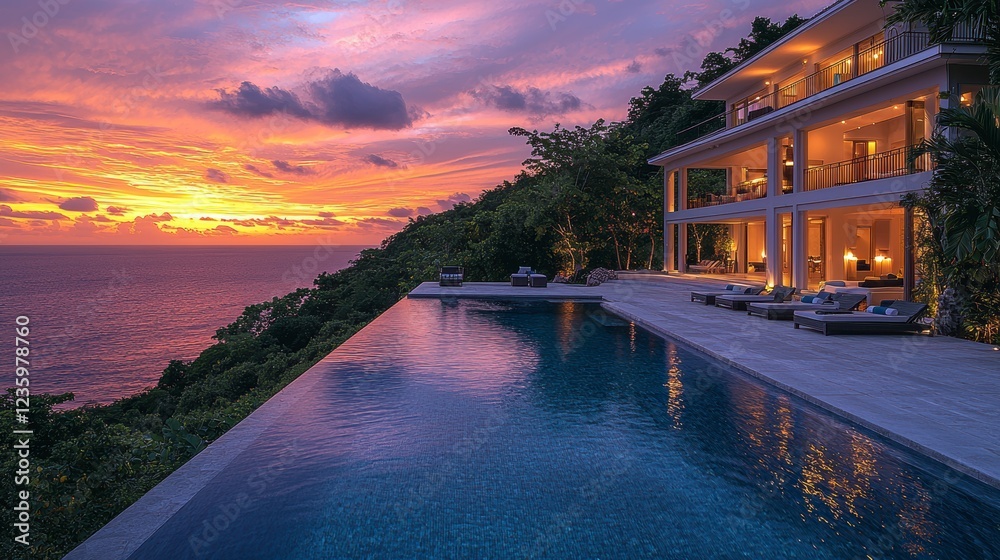 Fototapeta premium Oceanfront villa sunset luxury poolside relaxation