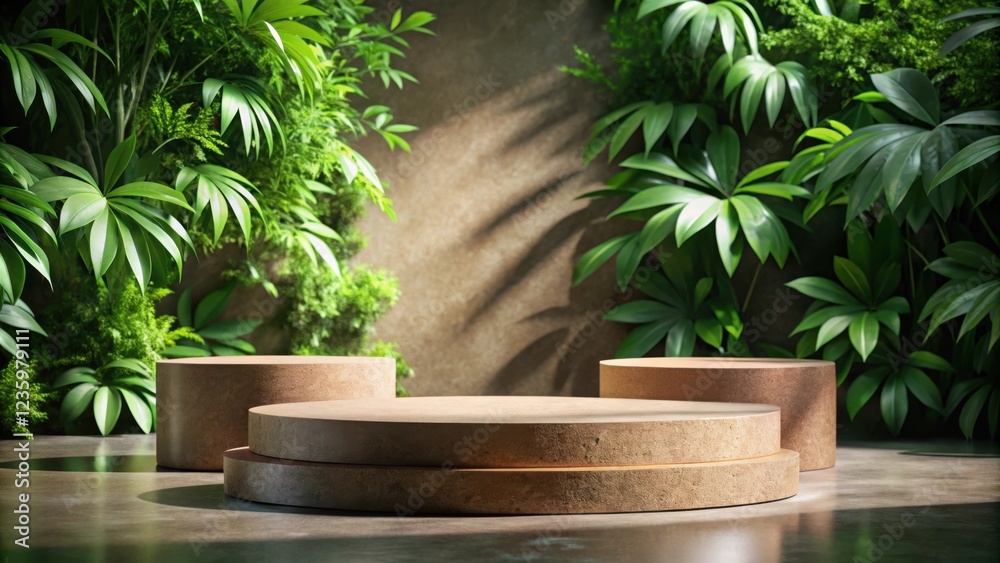 A Rustic Wooden Platform Nestled Amidst Lush Tropical Foliage, Creating a Serene and Inviting Display for Nature-Inspired Products A Rustic Wooden Platform Nestled Amidst Lush Tropical Foliage, Creating a Serene and Inviting Display for Nature-Inspired Products