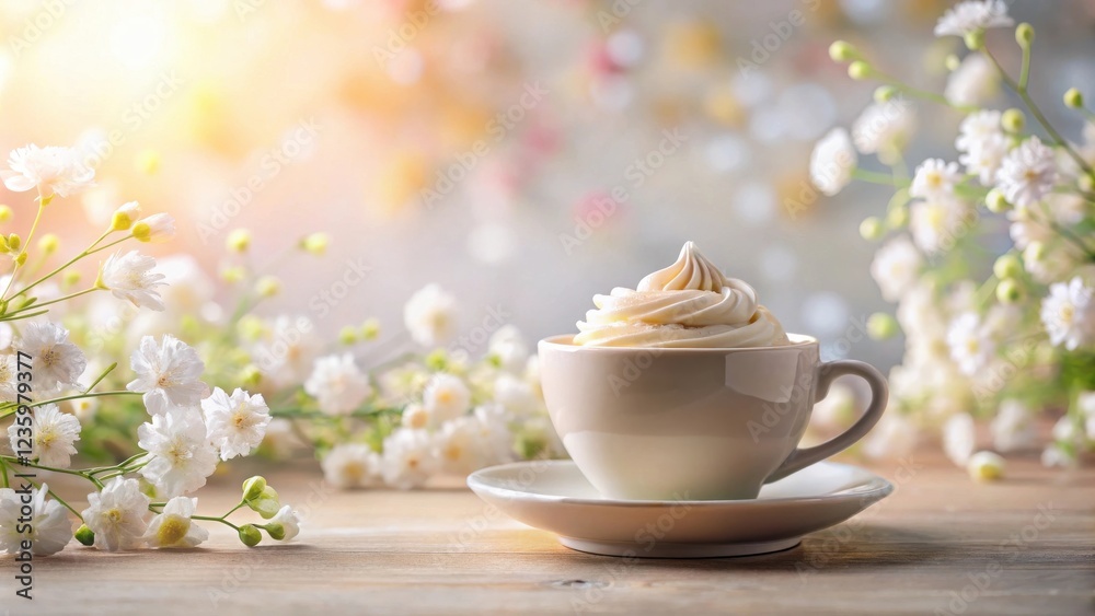 Fototapeta premium A delicate cup of coffee with whipped cream and a delicate floral backdrop. The soft lighting creates a sense of peace and tranquility.