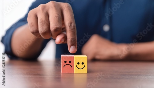 Man hand points on a wooden cube with happy smile face on bright side and unhappy face on dark side of wooden block cube for a positive mindset selection. Emotional state and mental health new