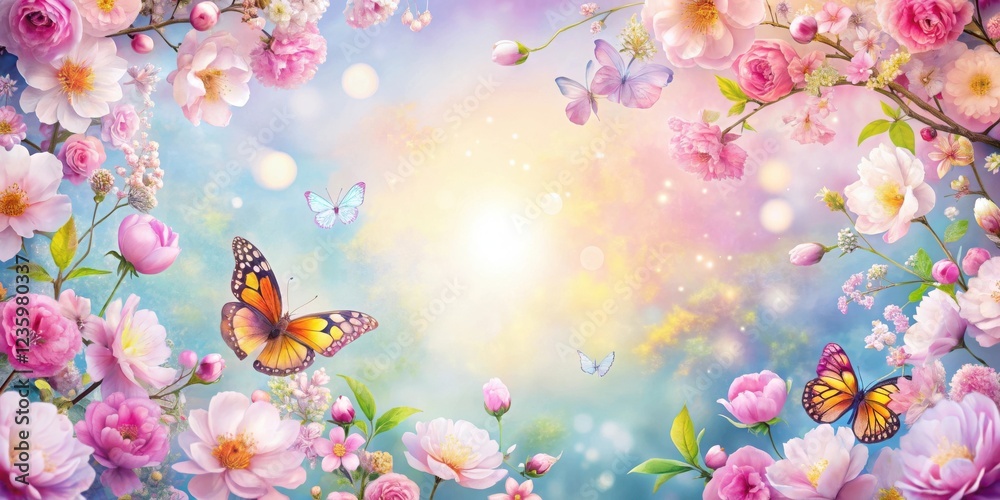 Fototapeta premium A delicate dance of butterflies amidst a symphony of blooming flowers, painted with the colors of a vibrant sunset.