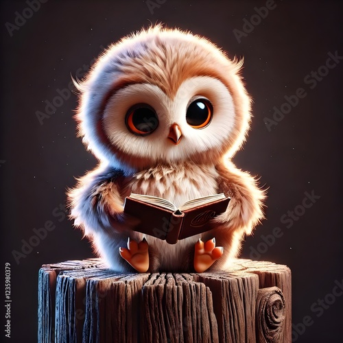 Wise baby owl reading a book on a tree stump. Intelligent, adorable, perfect for educational resources, children's items, or knowledge themes. photo