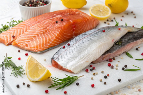 Sliced ​​salmon fillets on a white background