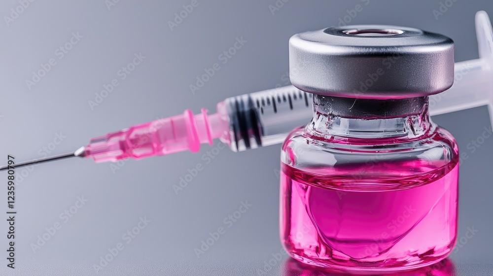Pink vaccine vial and syringe on table. Medical research background Pink vaccine vial and syringe on table. Medical research background