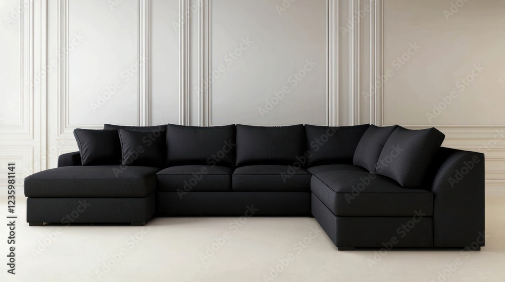 Fototapeta premium Dark Grey Fabric U-Shaped Sectional Sofa in Modern Living Room