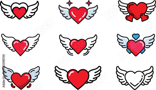 Heart Icon Bundle with Wings A Symbol of Freedom and Love, Vector Illustration EPS file for Happy Valentines Day.
