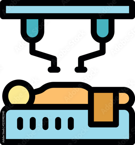 Patient lying on operating table undergoing surgery performed by robotic arms, representing advanced medical technology