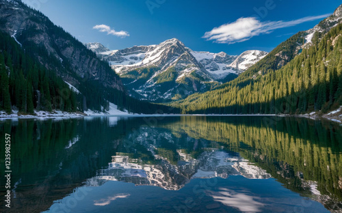 Majestic mountain lake with stunning reflections of snow-capped peaks, evergreen forests, and a deep blue sky in a breathtaking nature setting